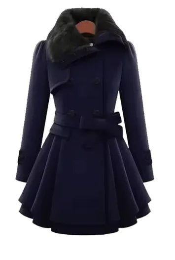 Women’s Double-Breasted Wool Coat – Slim Mid-Length Winter Jacket with Belt