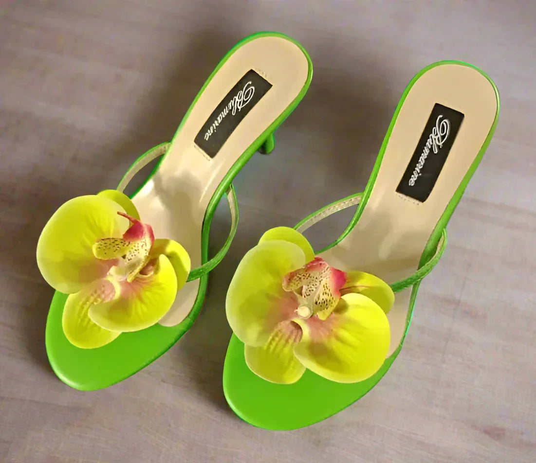 Women’s Floral Orchid High Heel Sandals – Slingback Open Toe Stilettos