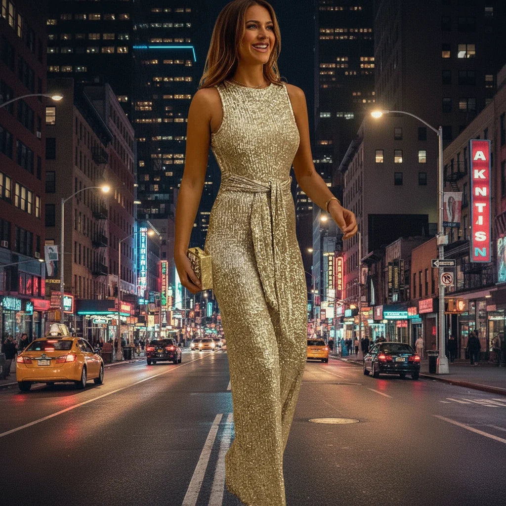 ✨ Glamorous Sequin Sleeveless Jumpsuit – Backless Elegance