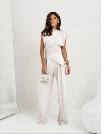 Elegant Women’s Two-Piece Pants Set – Irregular Draped Top & Wide-Leg Trousers