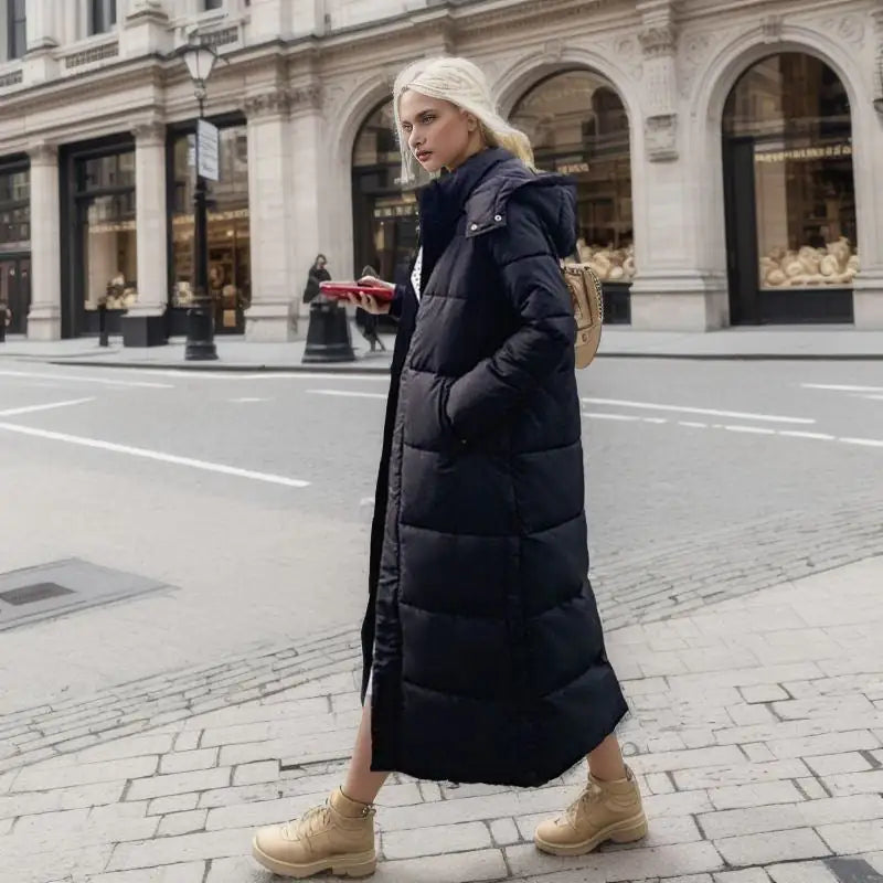 Long Puffer Coat for Women – Loose Fit Winter Jacket with Hood