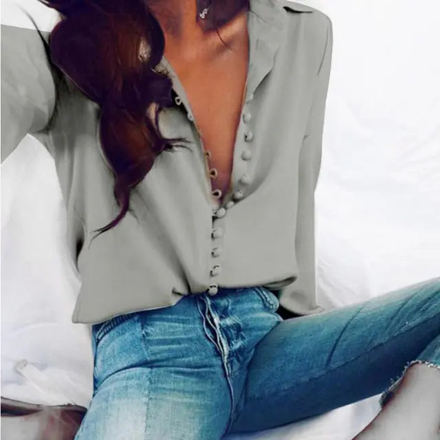 Elegant Button-Down Blouse with Loop Detailing – Long Sleeve Feminine Shirt