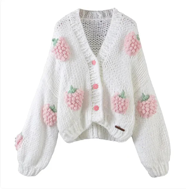 Handmade Chunky Knit 3D Flower Cardigan – Cozy Statement Sweater