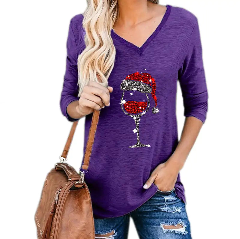 Christmas Wine Glass Graphic V-neck Tee – Holiday Long Sleeve Tee