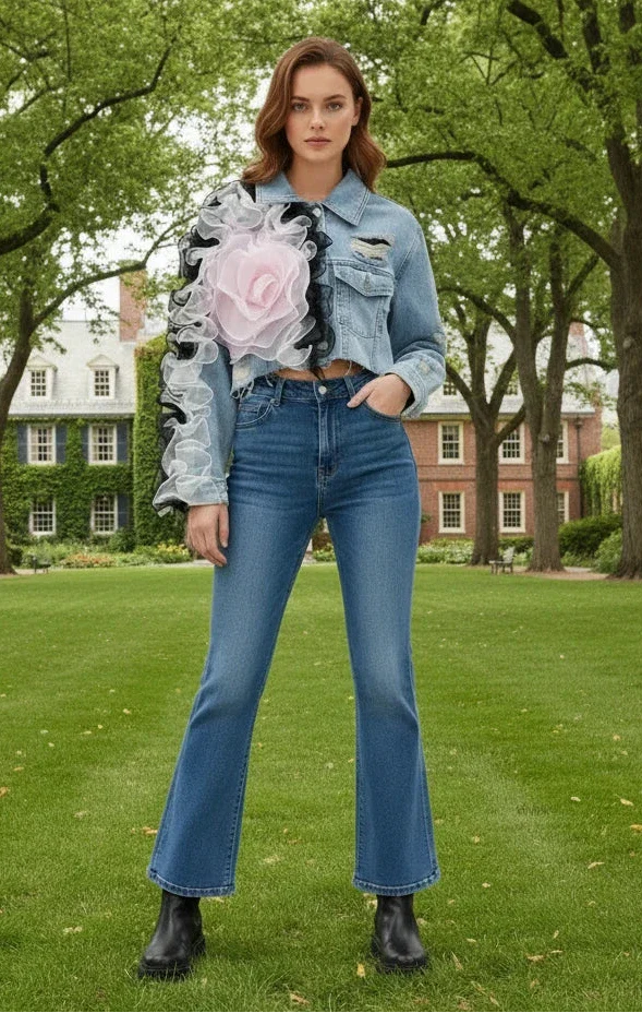 Creative Short Denim Jacket with Pink Flower – Women’s Statement Fashion