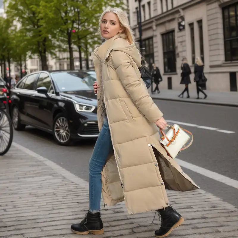 Long Puffer Coat for Women – Loose Fit Winter Jacket with Hood