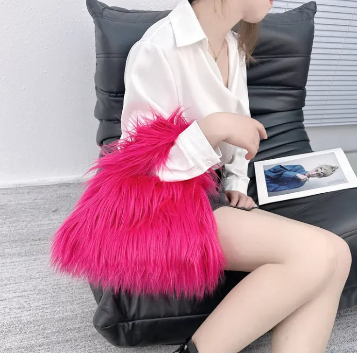 Faux Fur Statement Clutch – Fluffy Triangle Handbag