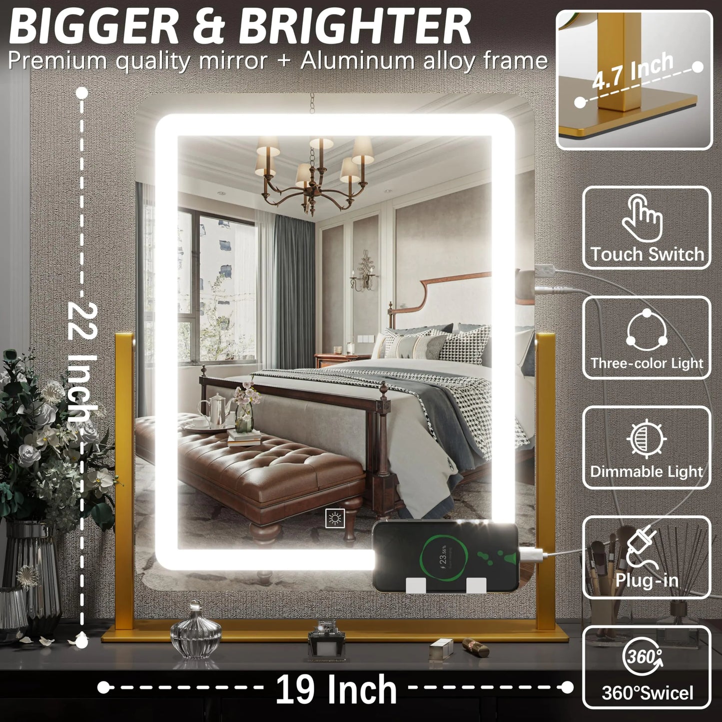 FENNIO Vanity Mirror with Lights 22 Inch- LED Lighted Makeup Mirror,Large Makeup Mirror