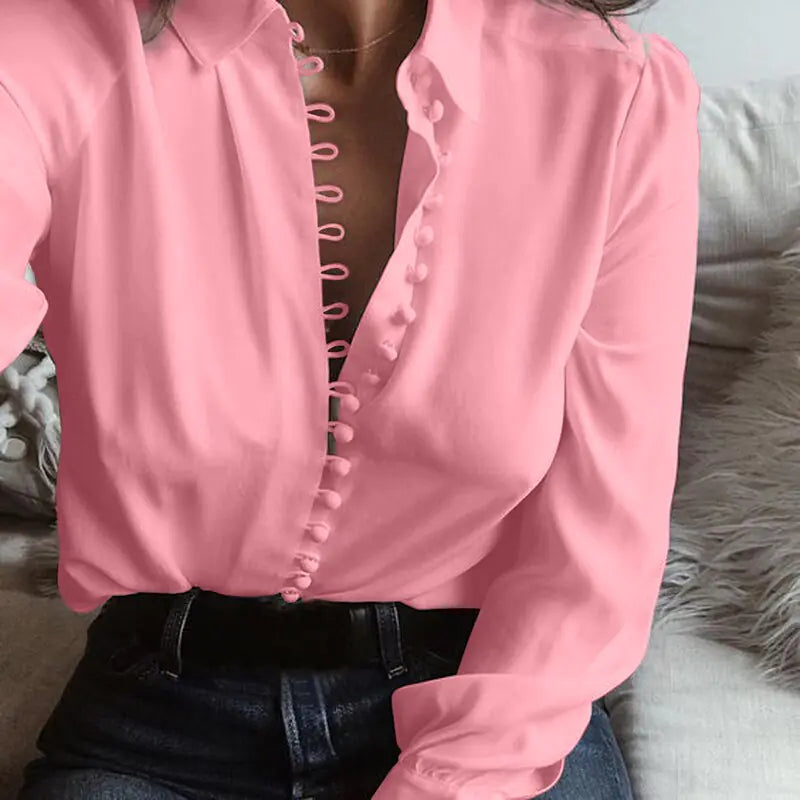 Elegant Button-Down Blouse with Loop Detailing – Long Sleeve Feminine Shirt