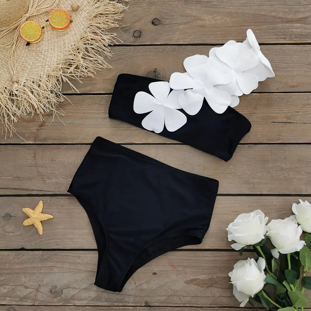 Black Floral Asymmetrical Bikini – High-Waist with 3D Flower Strap