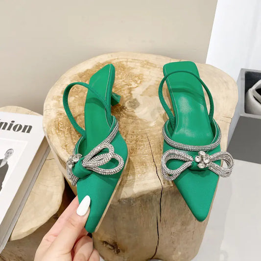 Rhinestone Bow Pointed Toe Slingback Pumps – Elegant Women’s Shoes