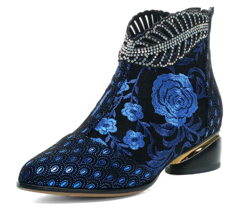 Vintage Leather Embroidered Chunky Heeled Ankle Boots