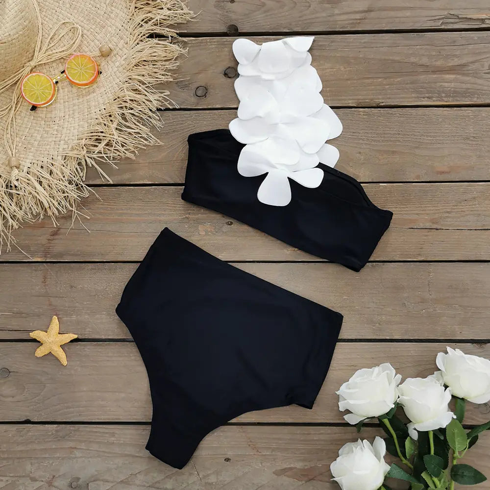 Black Floral Asymmetrical Bikini – High-Waist with 3D Flower Strap
