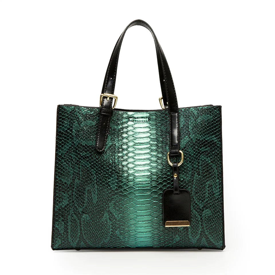 3-Piece Faux-Leather Handbag & Wallet Set – Vintage Snakeskin Accent