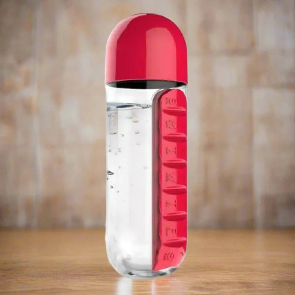 2-in-1 Pill Organizer Water Bottle – 600ml Travel Medicine & Supplement Cup
