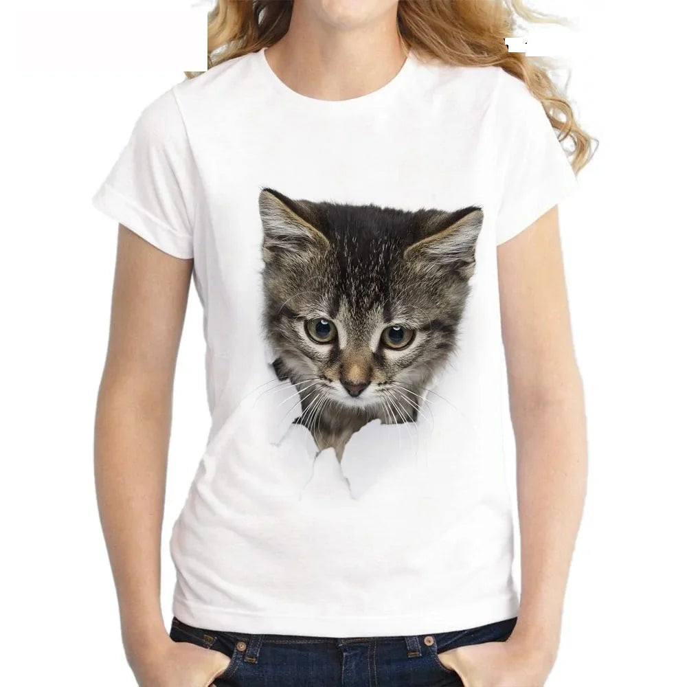 Cute 3D Cat Print T-Shirt – Women’s Short Sleeve Funny Graphic Tee