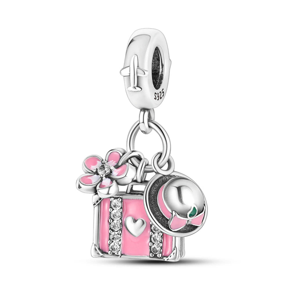 925 Sterling Silver Pink Perfume Bottle Luggage Heart-shaped Cute Claw Charms Beads Fit Original Charm Bracelet DIY Jewelry