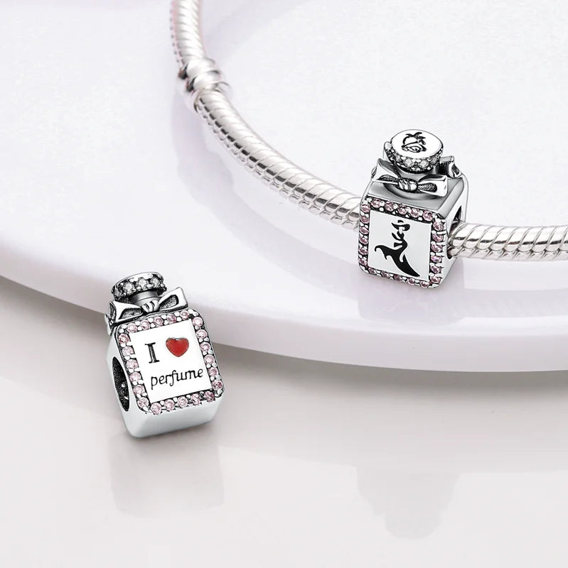 925 Sterling Silver Pink Perfume Bottle Luggage Heart-shaped Cute Claw Charms Beads Fit Original Charm Bracelet DIY Jewelry