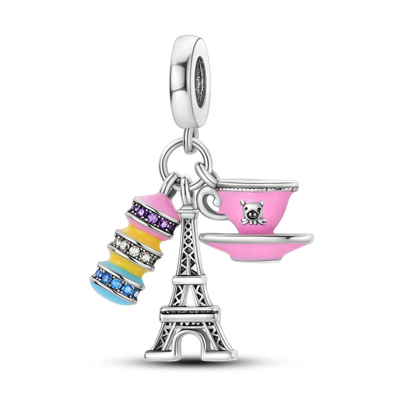 925 Sterling Silver Pink Perfume Bottle Luggage Heart-shaped Cute Claw Charms Beads Fit Original Charm Bracelet DIY Jewelry
