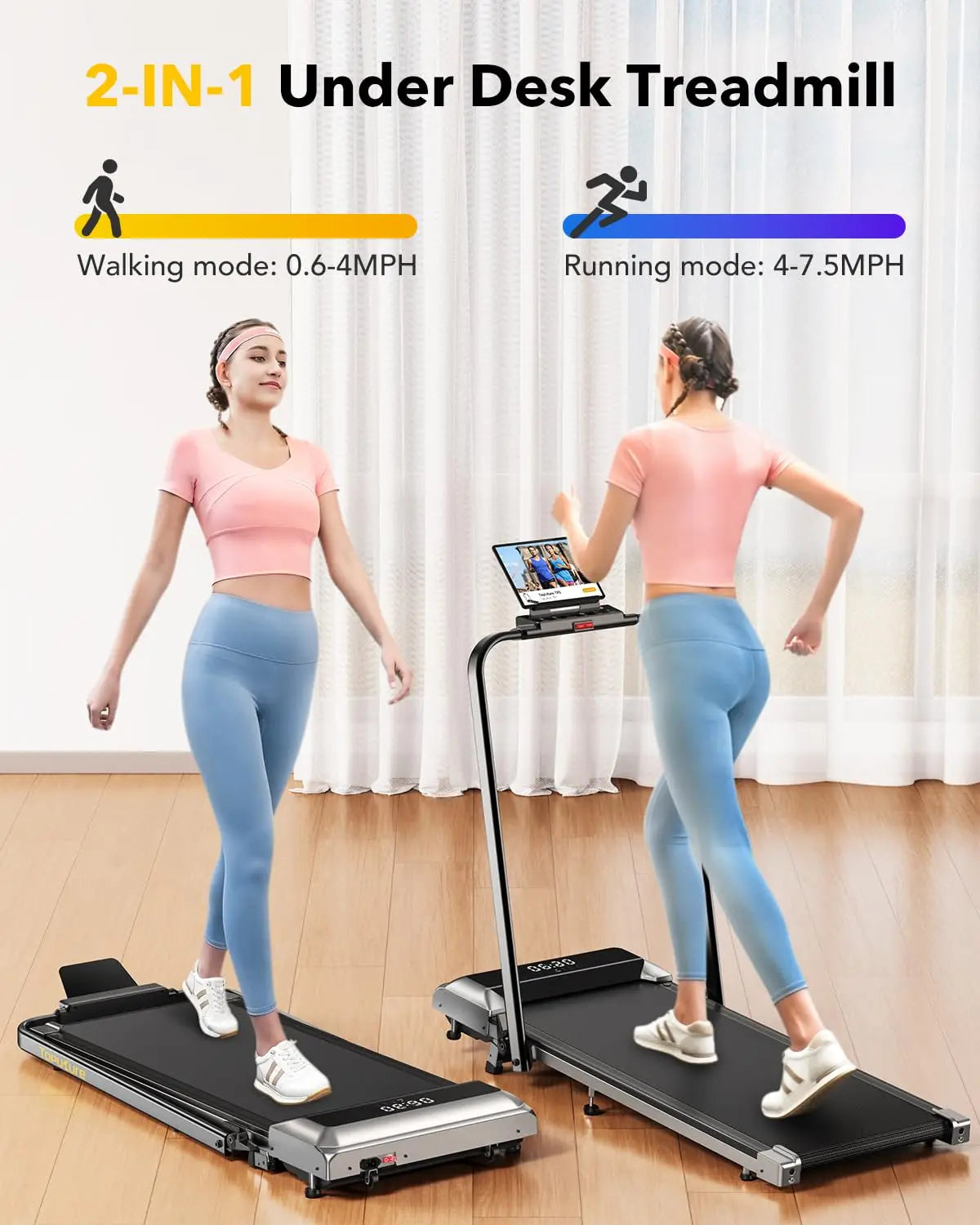 Toputure 2-in-1 Treadmill: 12km/h Walking Pad, 7% Incline, 2.5HP Motor, Foldable Design, 40cm Extra-wide Belt, With Data Memory