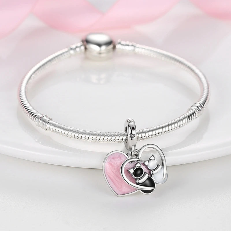 925 Sterling Silver Pink Perfume Bottle Luggage Heart-shaped Cute Claw Charms Beads Fit Original Charm Bracelet DIY Jewelry