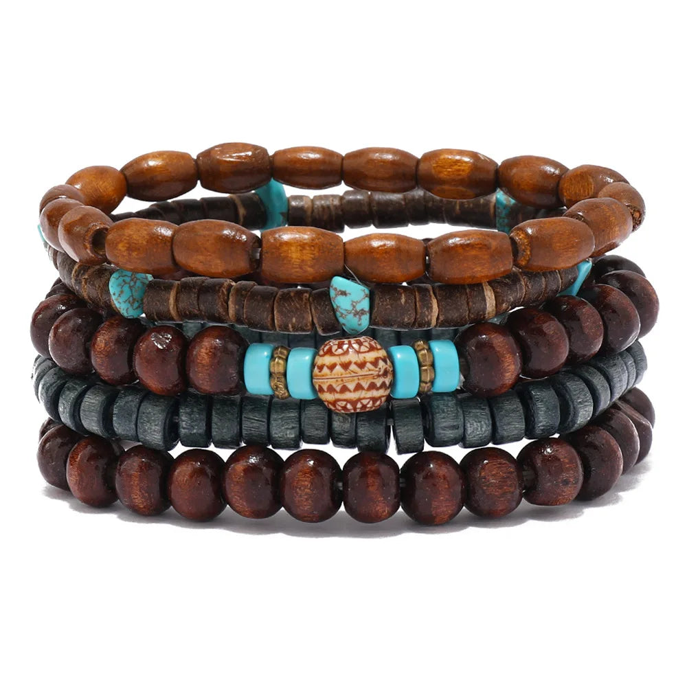 5Pcs Wood Beads Beaded Bracelet Set For Men Women Vintage Wood Beads Elastic Chain Bangle Fashion Daily Party Jewelry