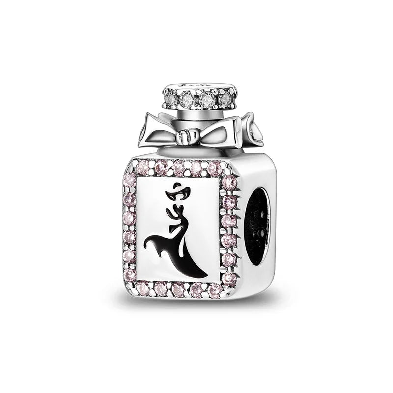 925 Sterling Silver Pink Perfume Bottle Luggage Heart-shaped Cute Claw Charms Beads Fit Original Charm Bracelet DIY Jewelry