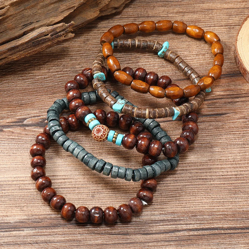 5Pcs Wood Beads Beaded Bracelet Set For Men Women Vintage Wood Beads Elastic Chain Bangle Fashion Daily Party Jewelry