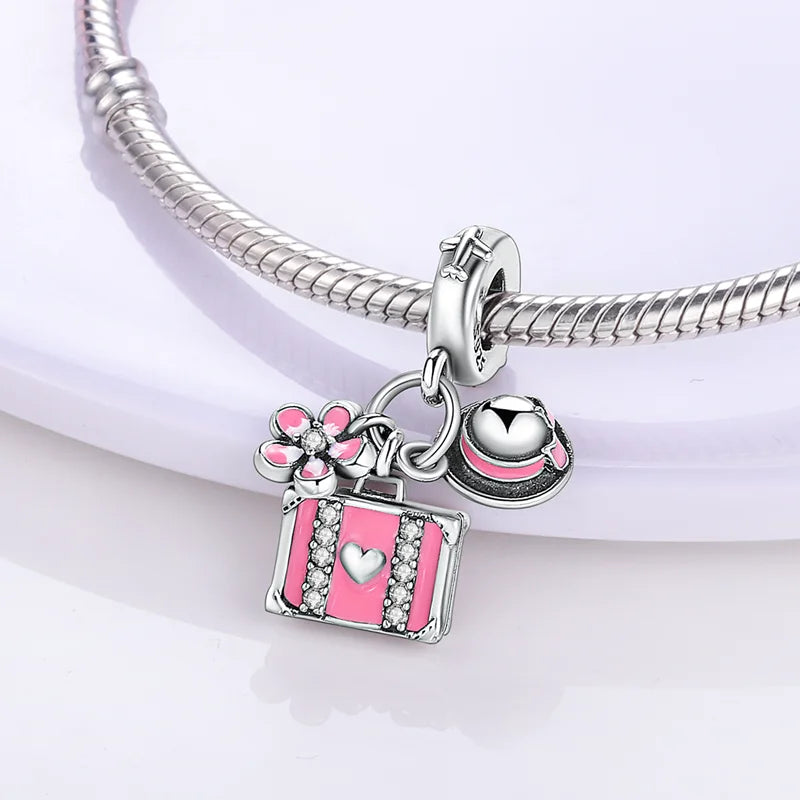 925 Sterling Silver Pink Perfume Bottle Luggage Heart-shaped Cute Claw Charms Beads Fit Original Charm Bracelet DIY Jewelry