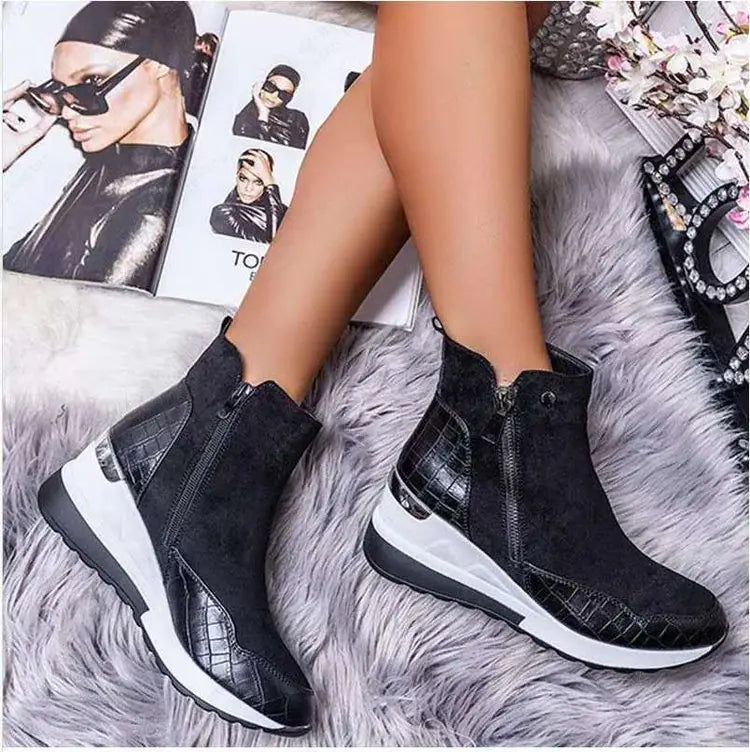 Women’s Wedge Ankle Boots with Side Zipper – Casual Platform Sneakers Boots