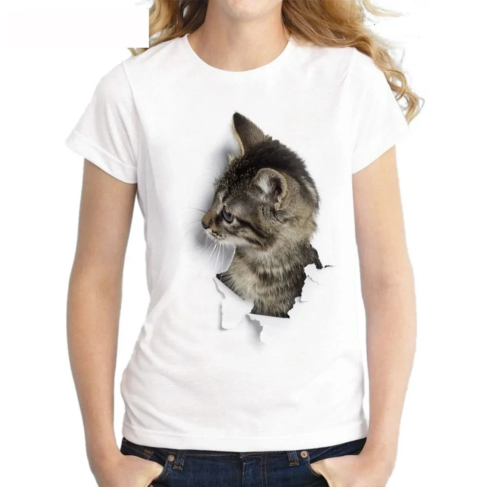 Cute 3D Cat Print T-Shirt – Women’s Short Sleeve Funny Graphic Tee