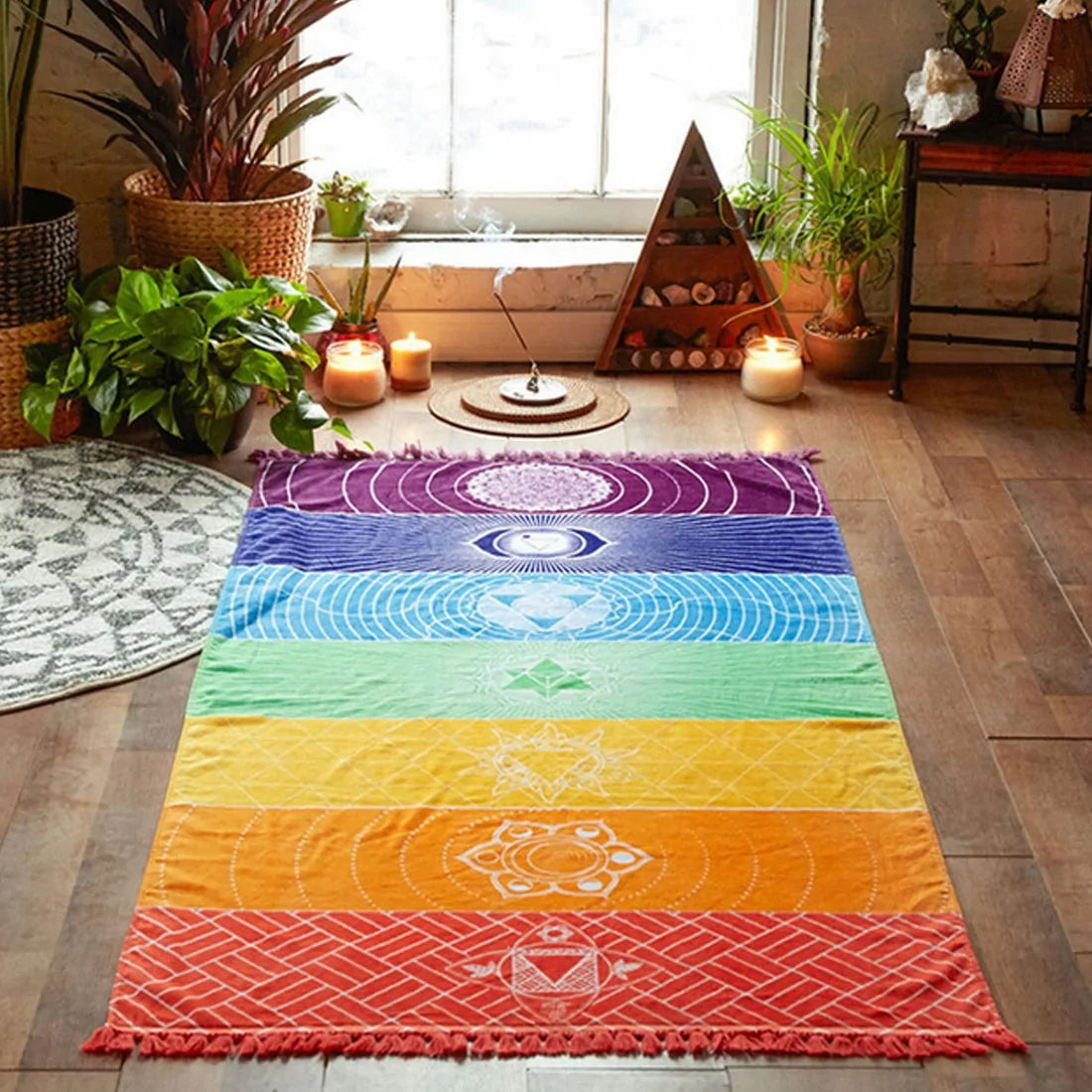 Boho Chakra Rainbow Yoga & Beach Mat – Multi-Use Tapestry Blanket
