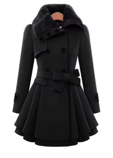 Women’s Double-Breasted Wool Coat – Slim Mid-Length Winter Jacket with Belt