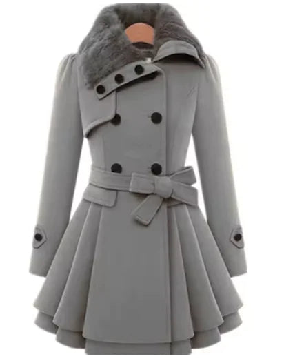 Women’s Double-Breasted Wool Coat – Slim Mid-Length Winter Jacket with Belt