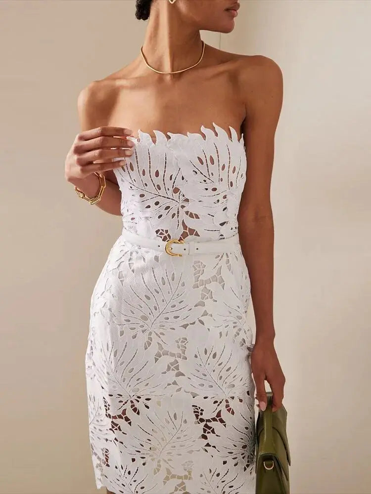 White Lace Cut-Out Midi Dress – Elegant Strapless Floral Party Look