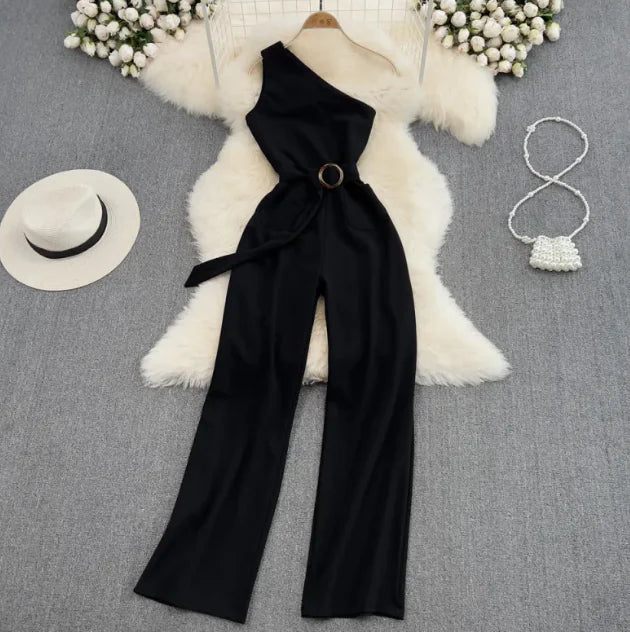 One-Shoulder SlimFit Jumpsuit – High-Waist Asymmetrical Style