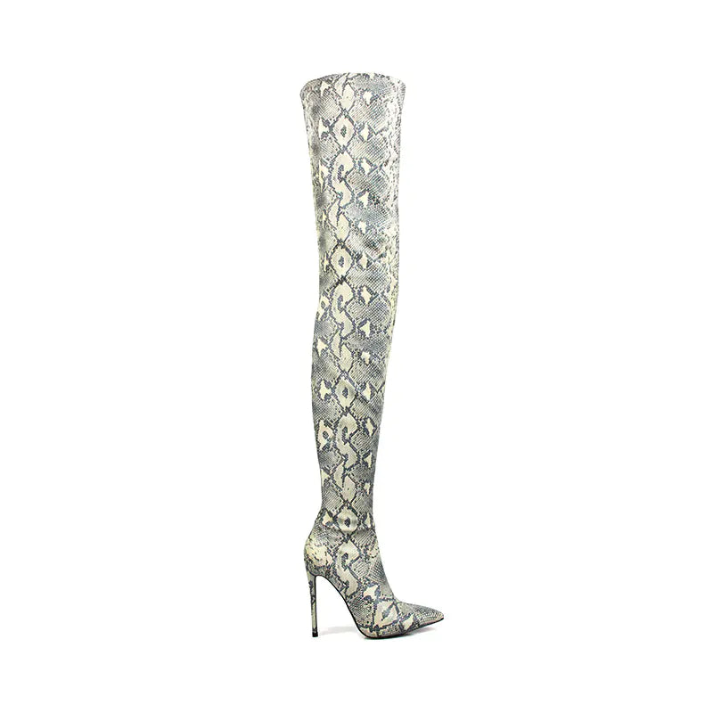 Women's Snakeskin Pointed Stiletto Knee High Boots