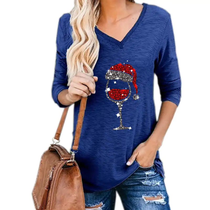 Christmas Wine Glass Graphic V-neck Tee – Holiday Long Sleeve Tee