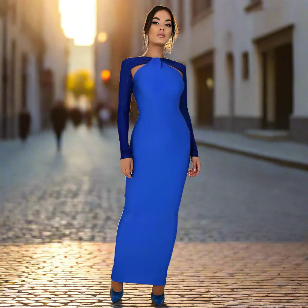 Women’s Long Bodycon Evening Dress with Textured Sleeves & Cutout Shoulders