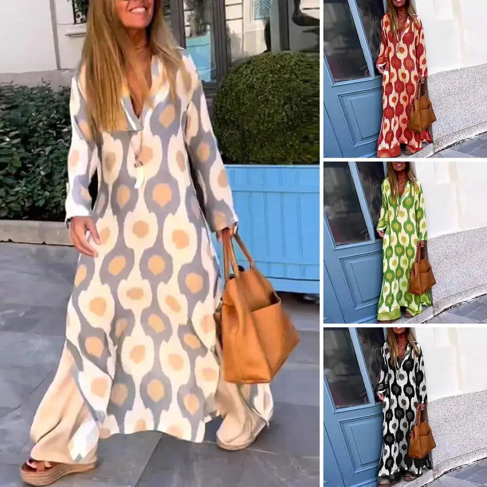 Boho Long Sleeve Printed Maxi Dress – Loose Fit V-Neck Kaftan Style