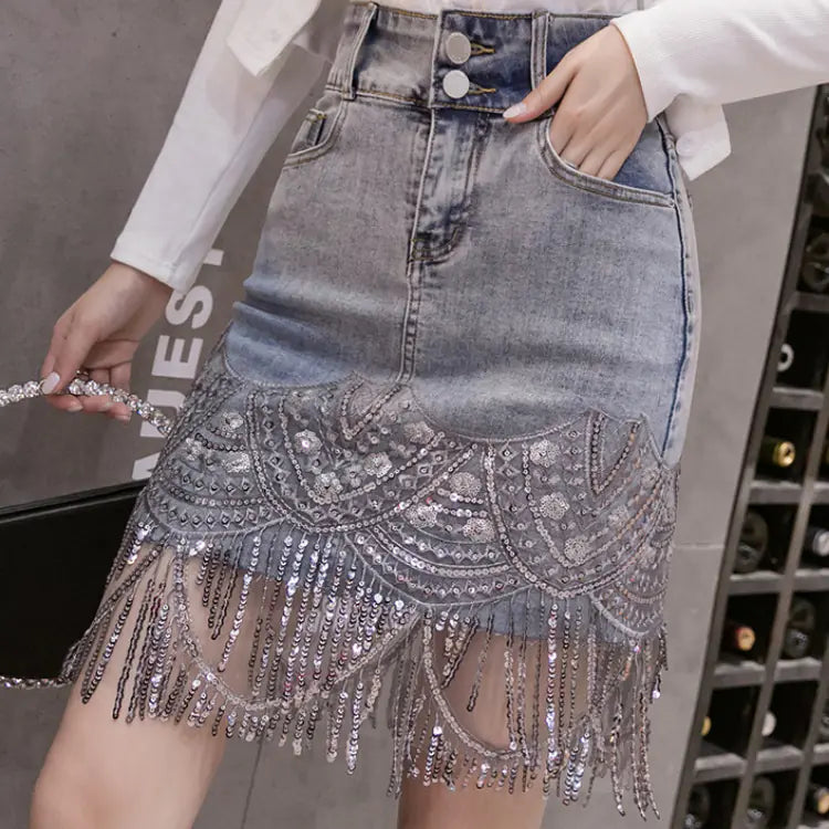 Elegant Sequin Embroidered Denim Skirt with Fringes