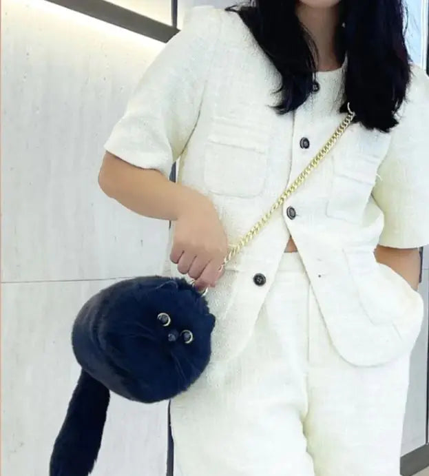 Handmade Plush Cat Shoulder Bag – Fluffy Crossbody Purse for Cat Lovers