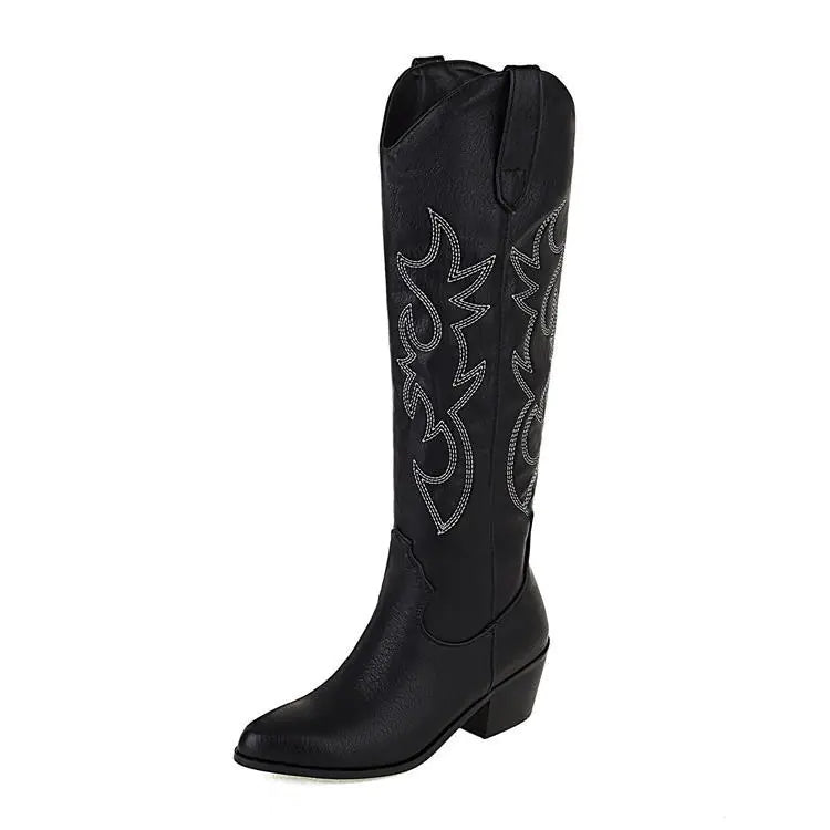 Western-Style Suede Knee Boots - Pointed Toe & Block Heel
