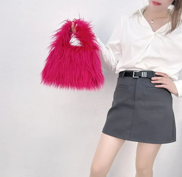 Faux Fur Statement Clutch – Fluffy Triangle Handbag