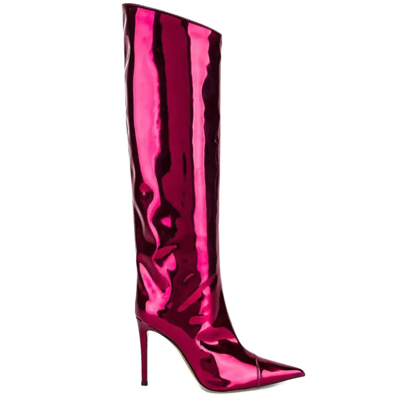 Holographic Patent-Leather Stiletto Knee Boots - Point-Toe Shine & Comfort