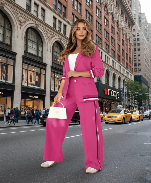 Women’s Two-Piece Wide-Leg Trousers & Blazer Set – Casual Chic Suit Style
