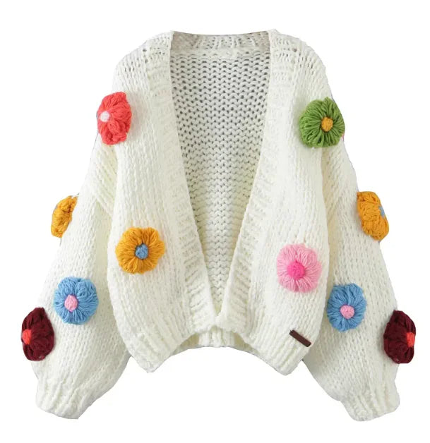 Handmade Chunky Knit 3D Flower Cardigan – Cozy Statement Sweater