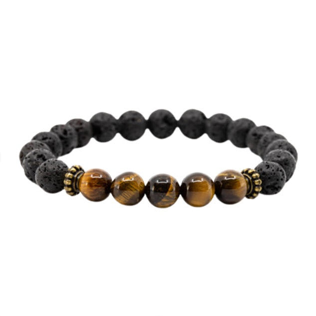 Pulseira 5 Pedras Lava Vulcânica com Olho de Tigre - Proteção e Sorte