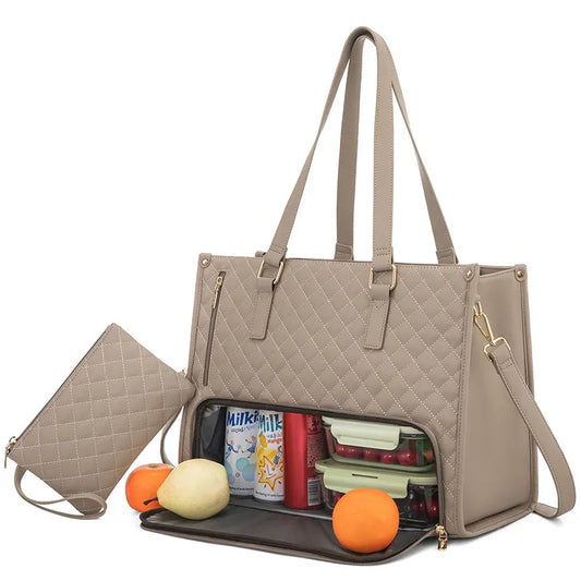 Quilted Insulated Tote Bag – Women’s Work Handbag with Built-In Lunch Cooler