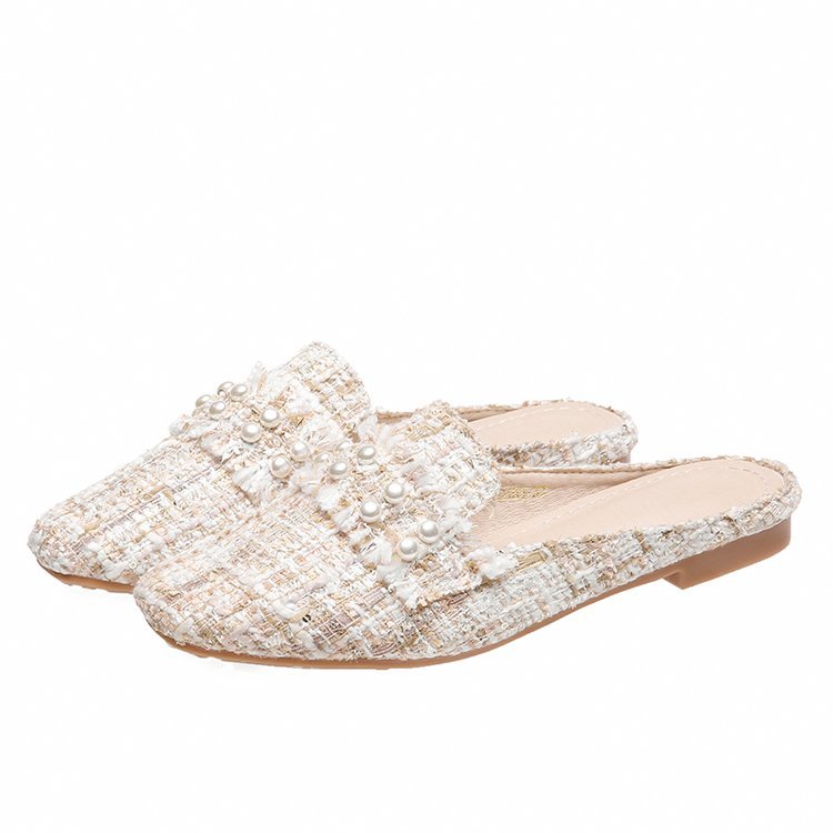 Chic Tweed Pearl-Embellished Slide Mule